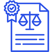 An icon of a legal document with scales of justice and a seal, & text "38 Years Security Industry Experience.